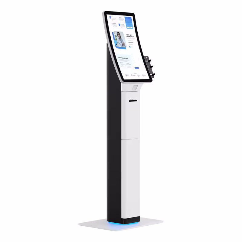 Kiosque POS élégant avec scanner de code-barres et imprimante de reçus pour un libre-service simplifié